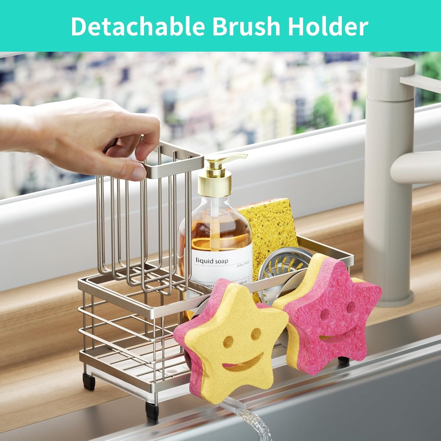 HapiRm Sink Caddy Sponge Holder - Self-draining Kitchen Sink Organizer with Smiley Face and Brush