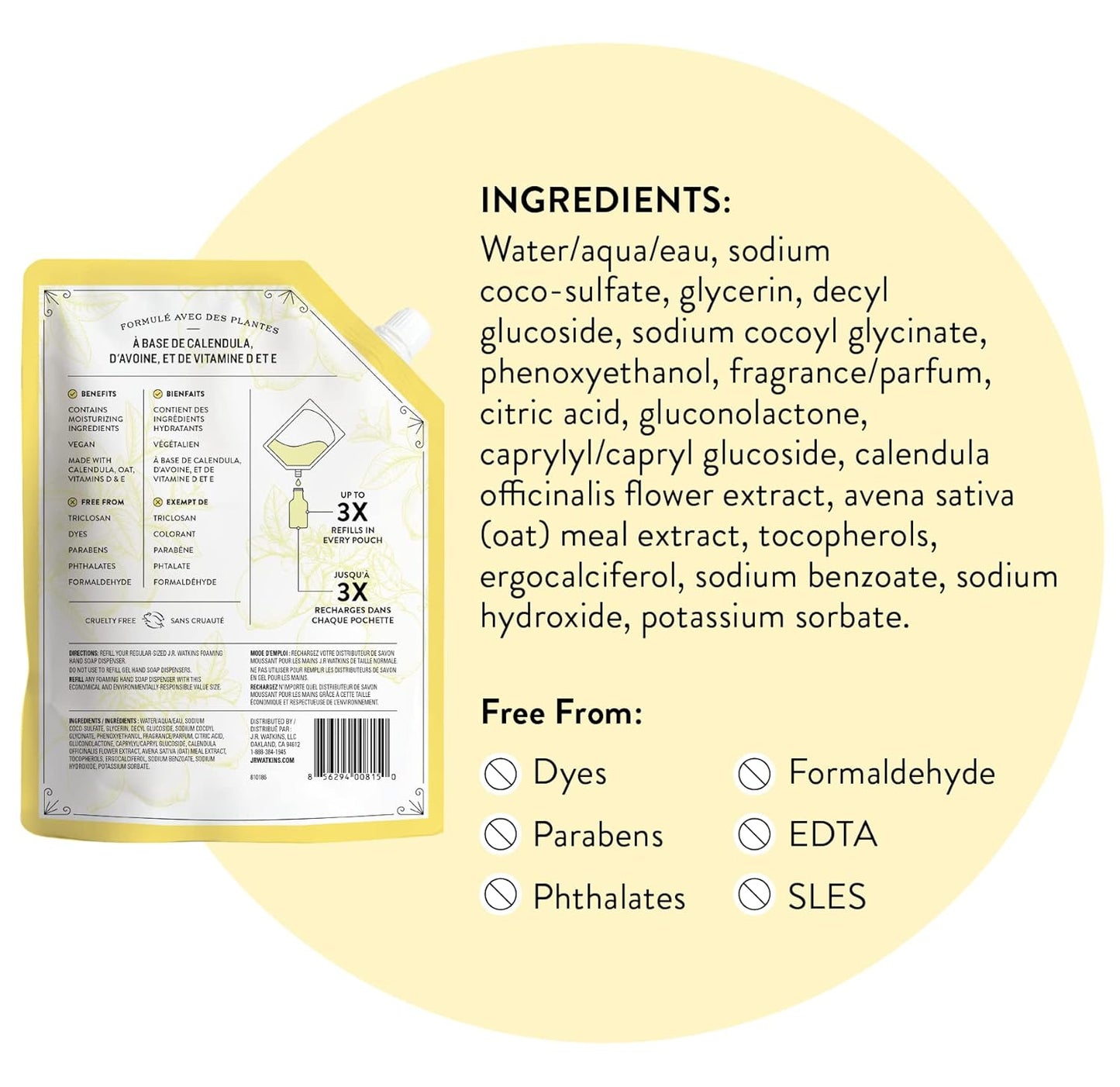 J.R. Watkins Foaming Hand Soap Refills, , Alcohol-Free Hand Wash, Cruelty-Free, , Moisturizing Hand
