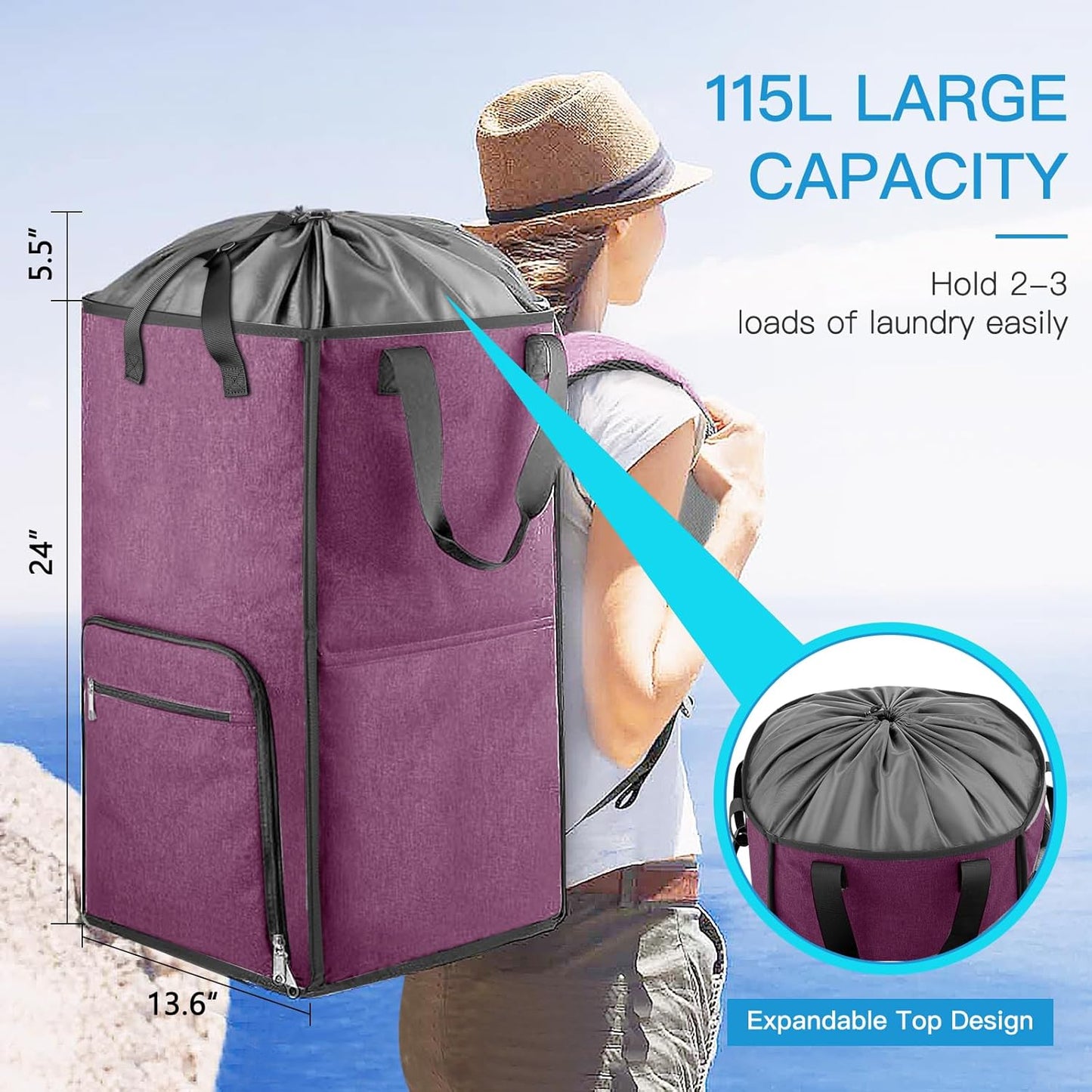 Bukere Laundry Tote Basket, Laundry Backpack Bag for Guys Girls Boys, Collapsible Laundry Hamper