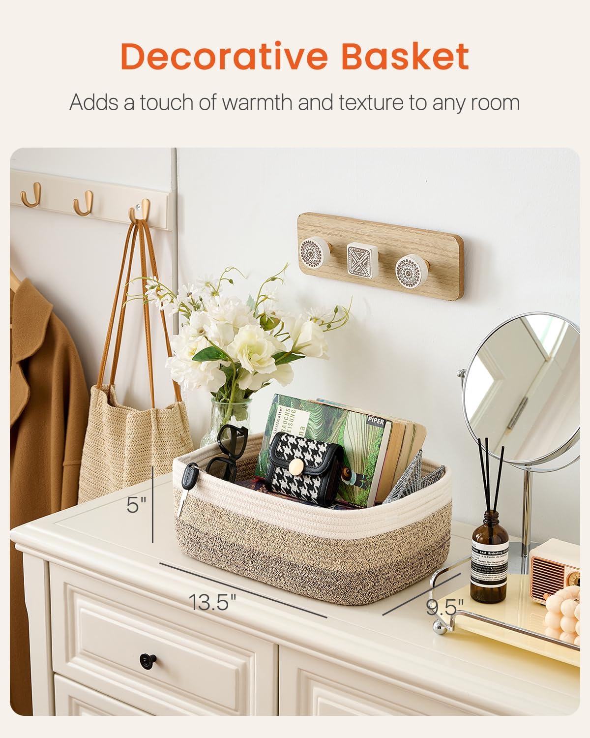 Small Woven Basket, 13.5 x 9.5 x 5 Inches, Storage Basket for Organizing, Cute Small Rope Shelf