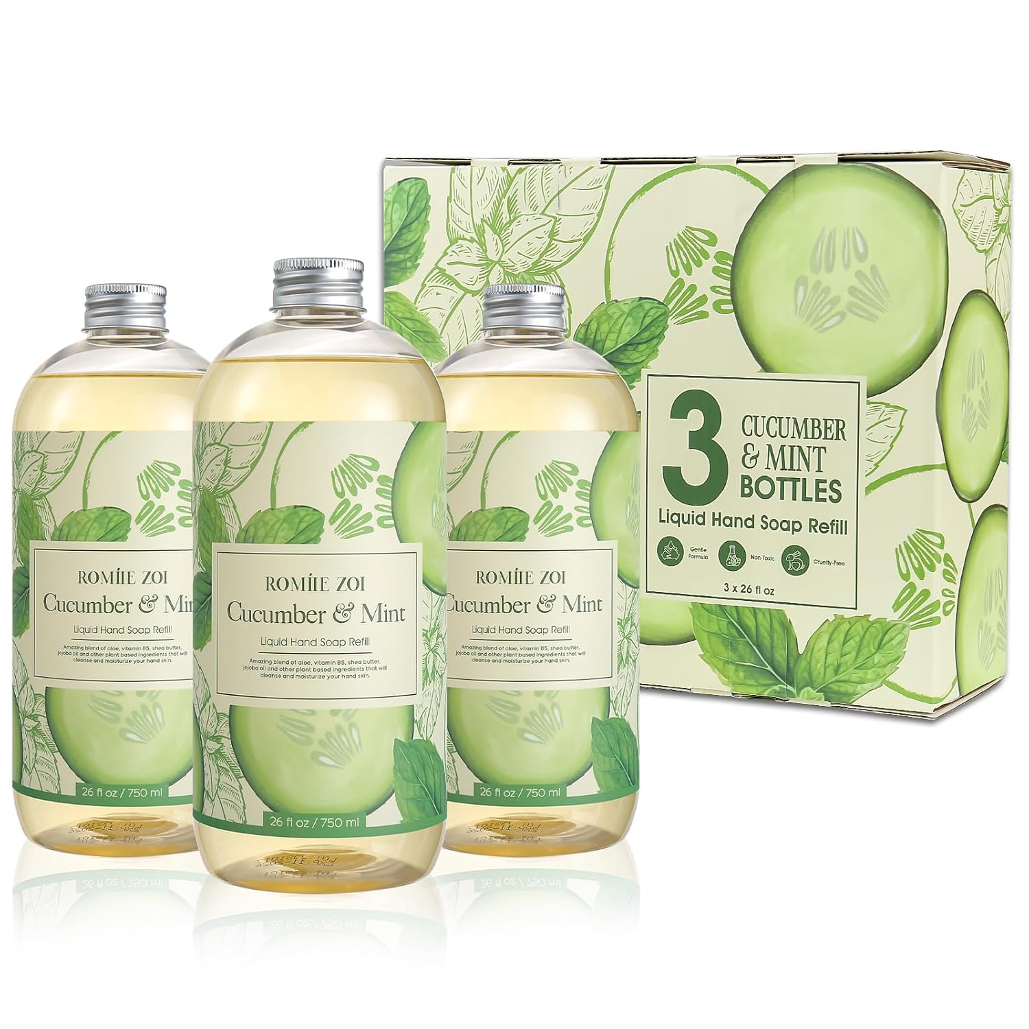 ROMIIE ZOI Liquid Hand Soap Refills Gift Set – Cucumber & Mint Scent – 3 Pack (26 Fl Oz Each)