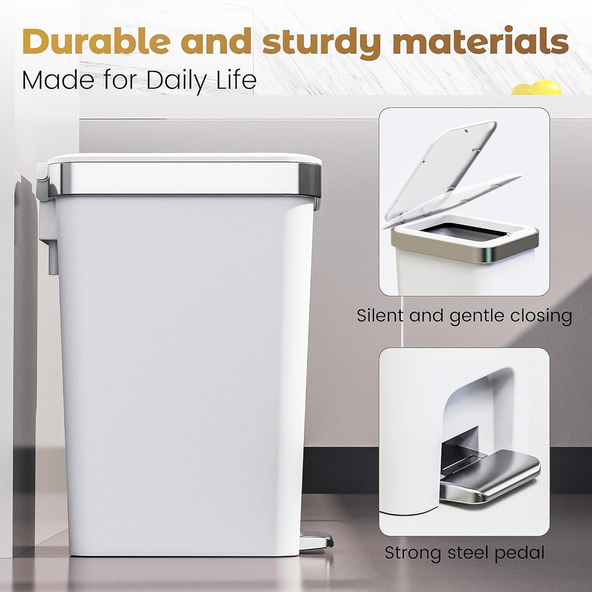 Small Bathroom Trash Can with Lid Soft Close, 10 Liter/2.6 Gallon Slim Garbage Can-Metal Step and