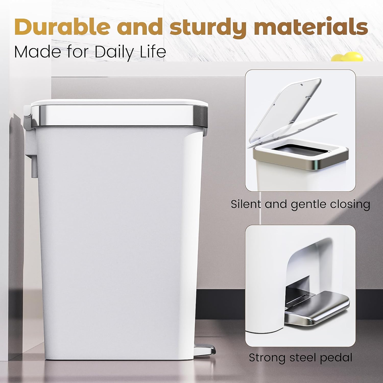 Small Bathroom Trash Can with Lid Soft Close, 10 Liter/2.6 Gallon Slim Garbage Can-Metal Step and