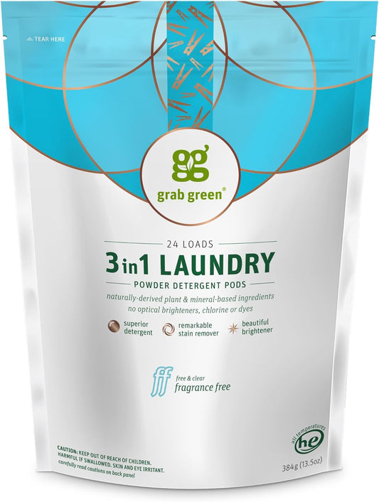 Grab Green 3-in-1 Laundry Detergent Pods, 24 Count, Fragrance Free, Plant and Mineral Based
