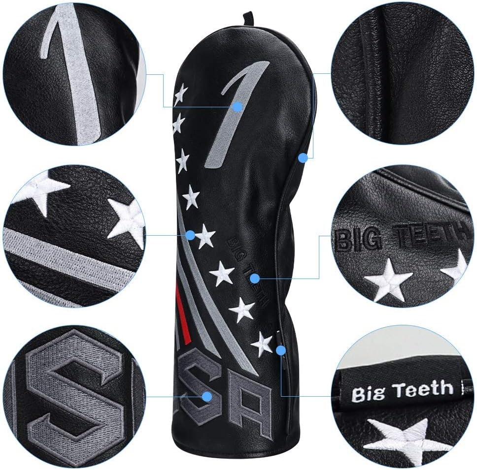 Big Teeth Golf Cover USA Stripe and Star Headcover Covers, Driver Fairway Wood Hybrid Headcovers