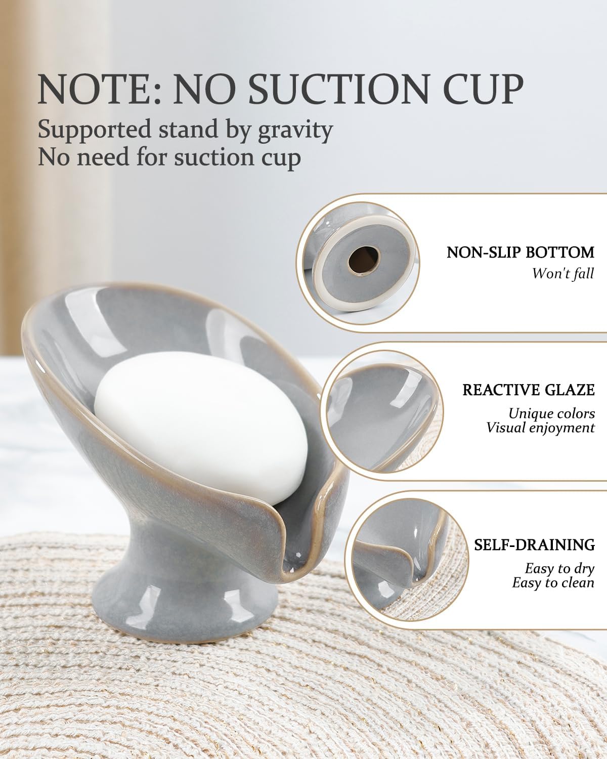 Soap Dish, Self Draining Bar Soap Holder for Bathroom Sink, Leaf Shaped Drainage Ceramic Porcelain