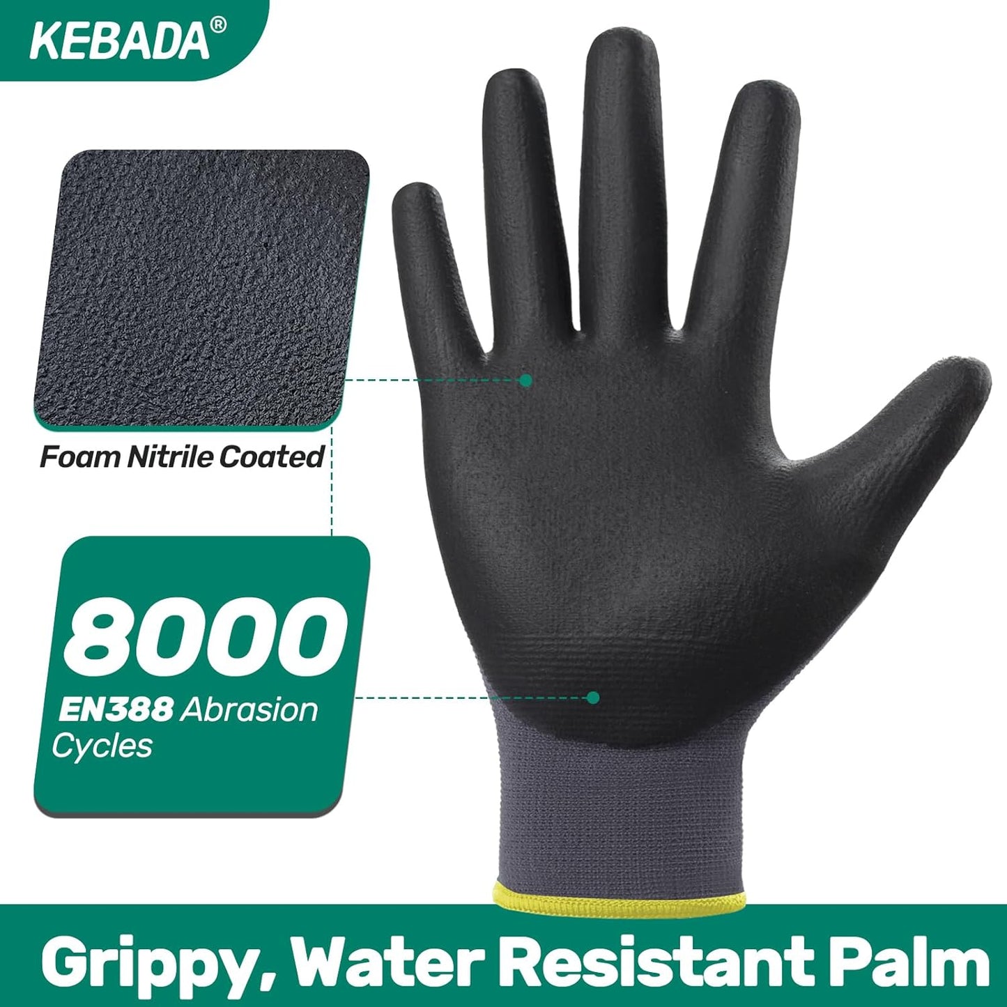 Kebada W5 Work Gloves Bulk Pack (60 Paris), Foam Nitrile Coated Working Gloves with Grip, Ultra
