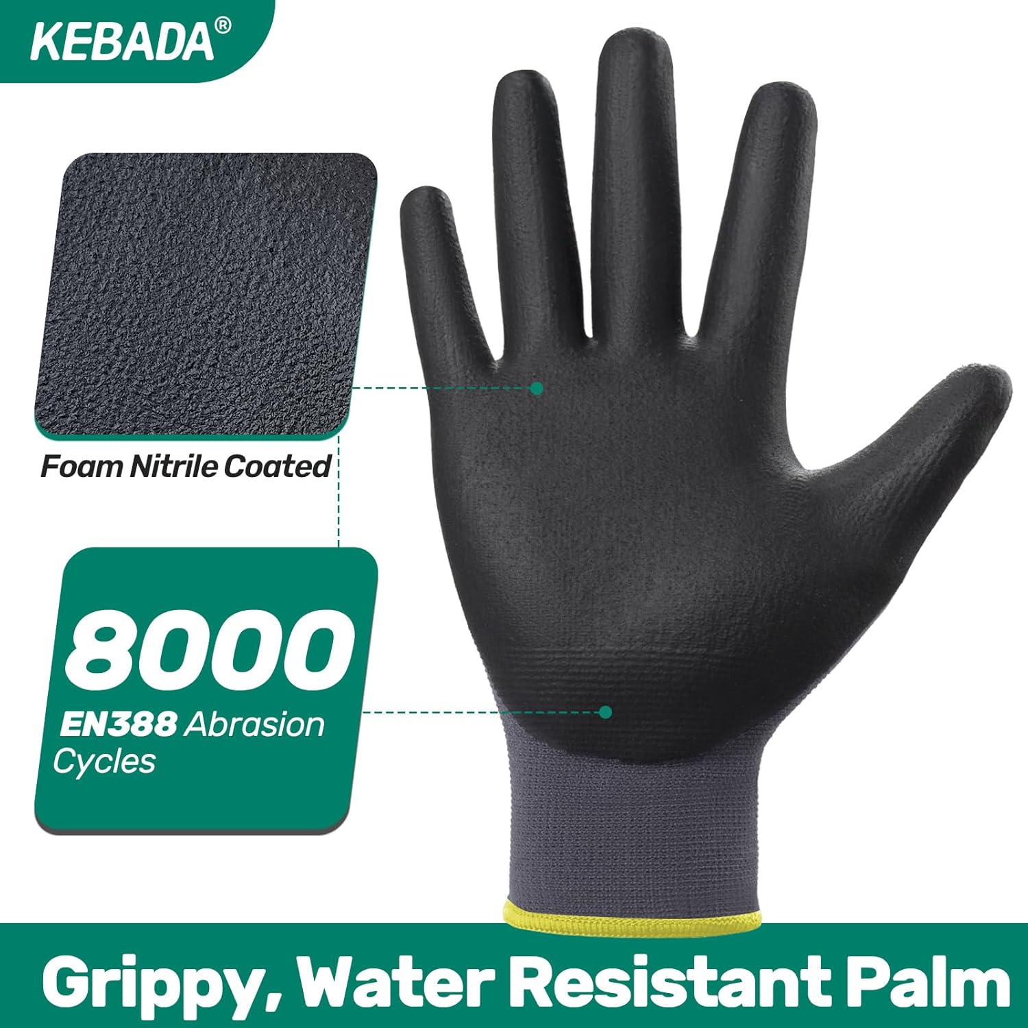 Kebada W5 Work Gloves Bulk Pack (60 Paris), Foam Nitrile Coated Working Gloves with Grip, Ultra