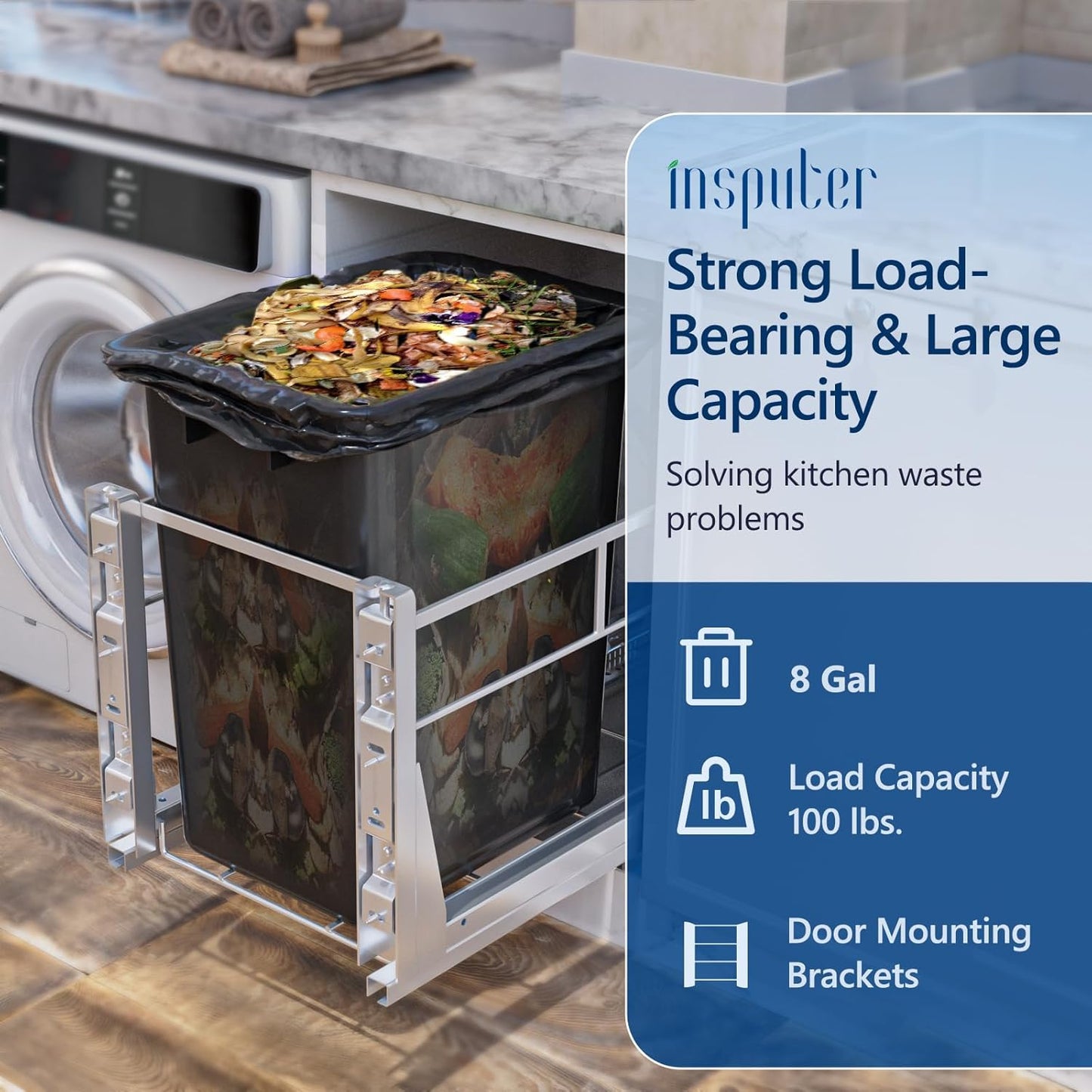 Insputer 8 Gal Pull Out Trash Can Under Cabinet, Heavy Duty Under Sink Garbage Can Kit with