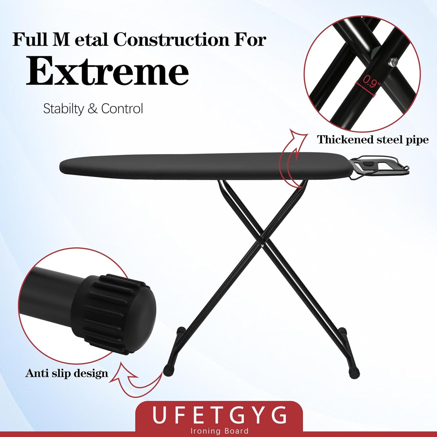Ironing Board, Metal Panel Iron Board |43" X 13" W/with Iron Rest | Full Metal Construction| Height