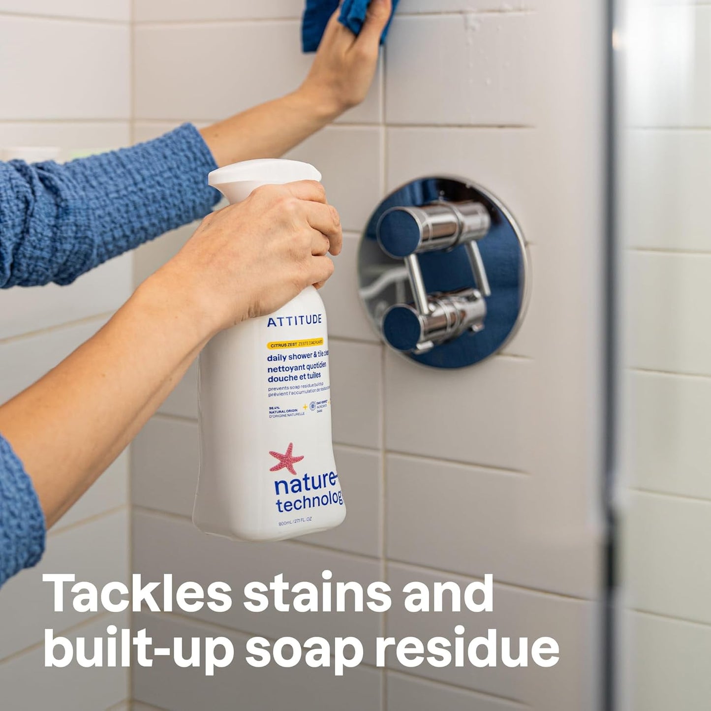 ATTITUDE Shower & Tile Cleaner, EWG Verified, Plant-Based & Vegan Bathroom Spray, Removes Soap Scum