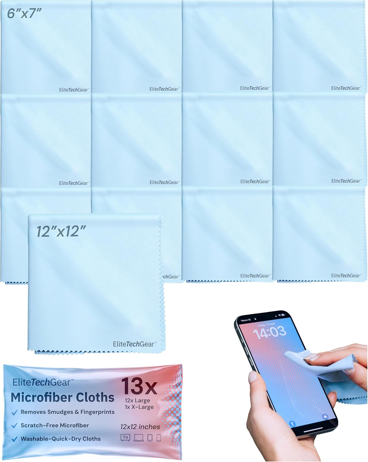 Elite Screens Microfiber Cleaning Cloth Set - 13-Pack, Blue, 6 x 7 in & 12 x 12 in - Smudge-Free