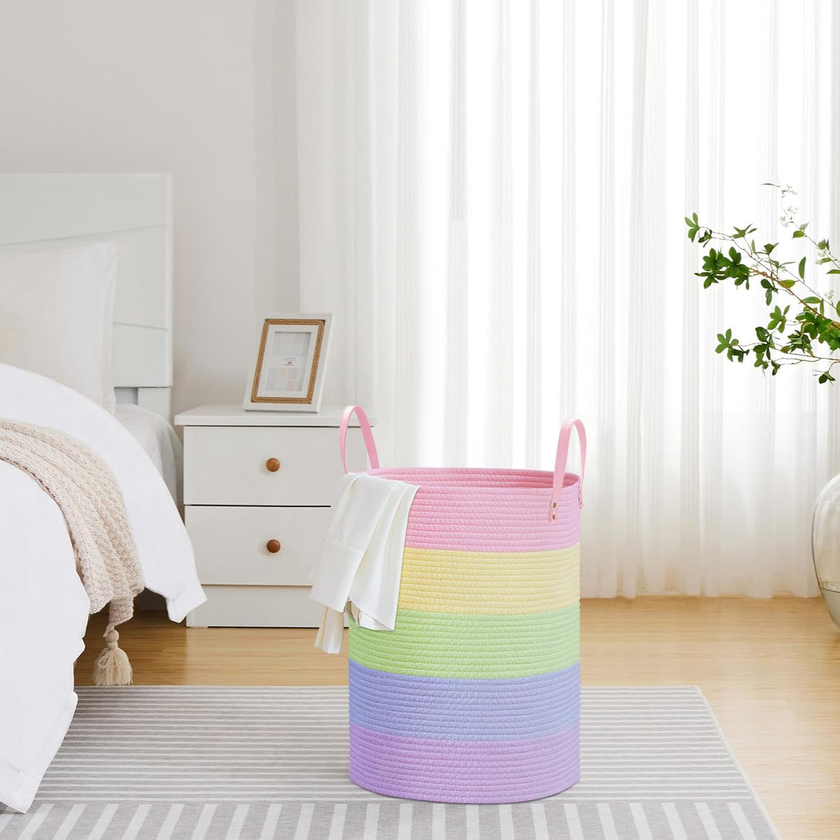 VIPOSCO Tall Laundry Basket, Large Dirty Clothes Hamper with Leather Handle, Woven Rope Storage