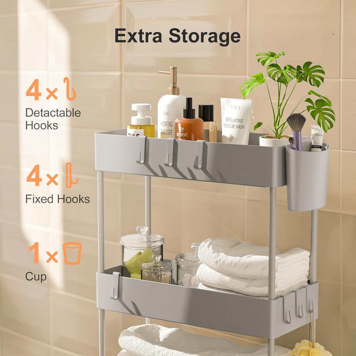 Pipishell Slim Storage Cart with Wheels, 4 Tier Bathroom Storage Organizer Rolling Utility Cart for