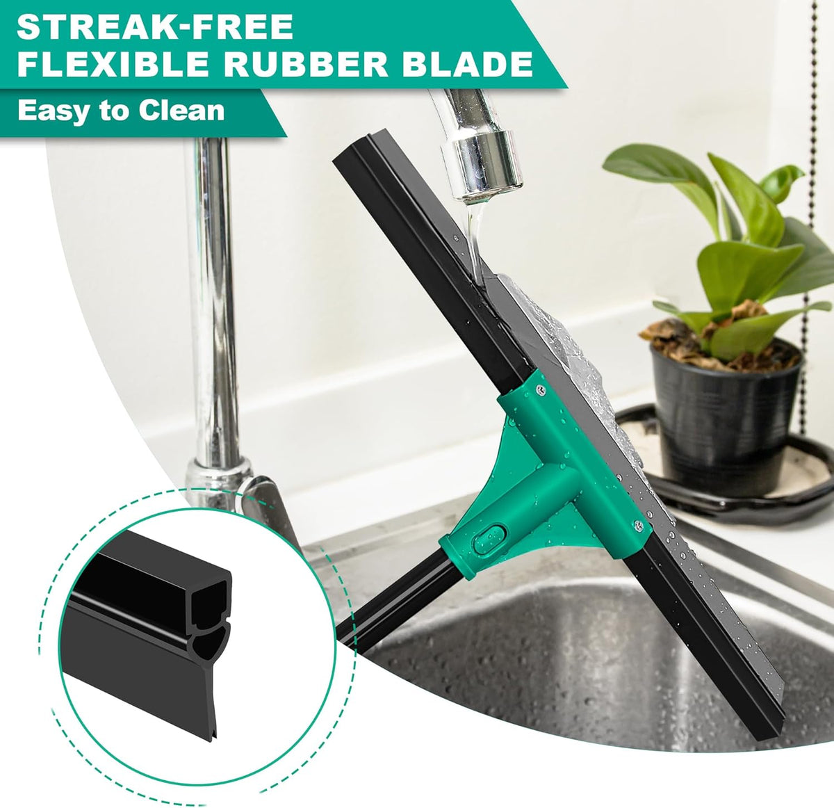 JEHONN Floor Squeegee Heavy Duty with 58.3 inches Long Handle, Rubber Scraper Broom for Cleaning