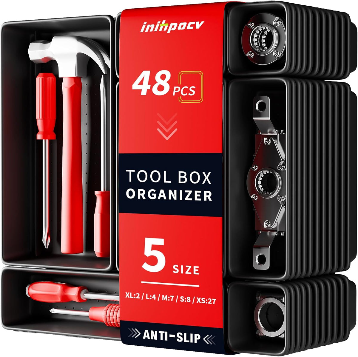 【48PCS & 5 Sizes】Tool Box Organizer Tray, Toolbox Drawer Organizer with Non-Slip Pads, Desk Drawer