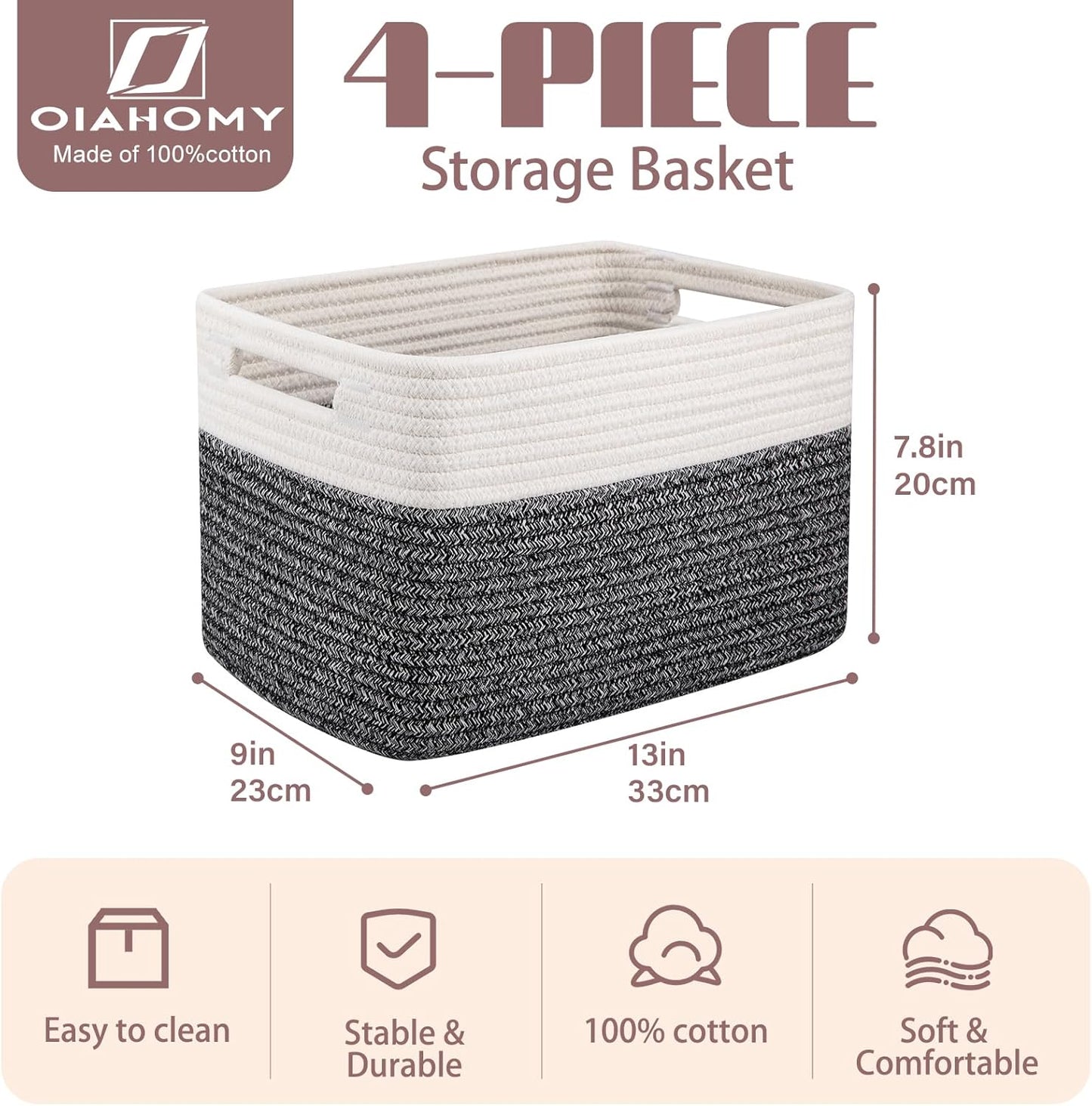 OIAHOMY 4 Pack Storage Baskets for Organizing, Basket for Shelves with Handle, Woven Baskets for