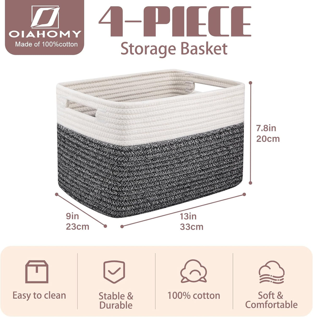 OIAHOMY 4 Pack Storage Baskets for Organizing, Basket for Shelves with Handle, Woven Baskets for
