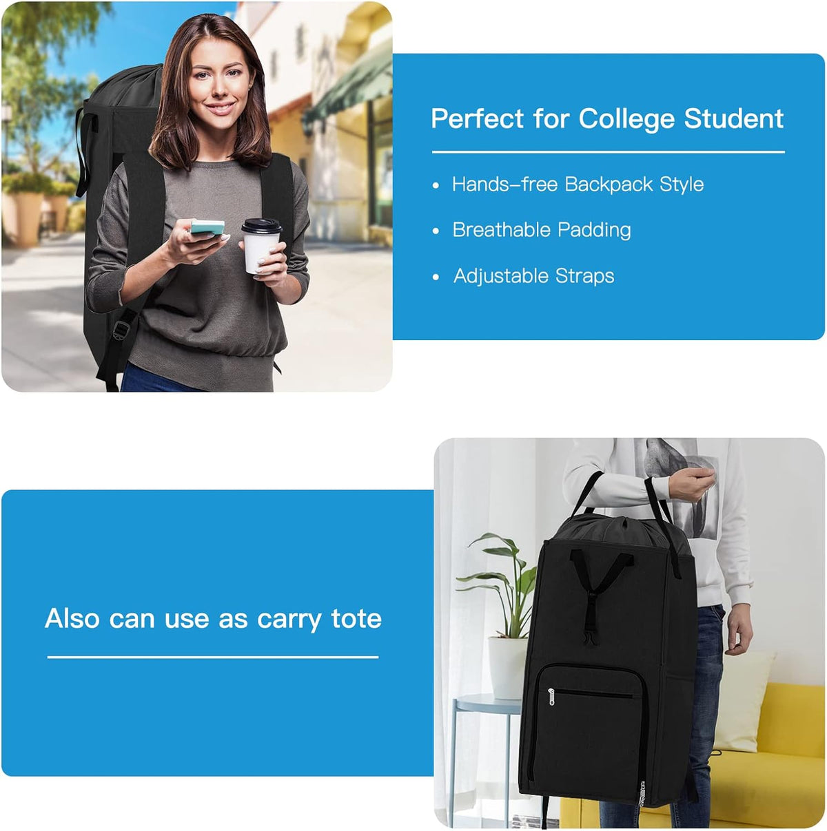 Laundry Backpack Bag, Bukere Extra Large 2 in 1 Laundry Hamper Basket for College Students Dorm