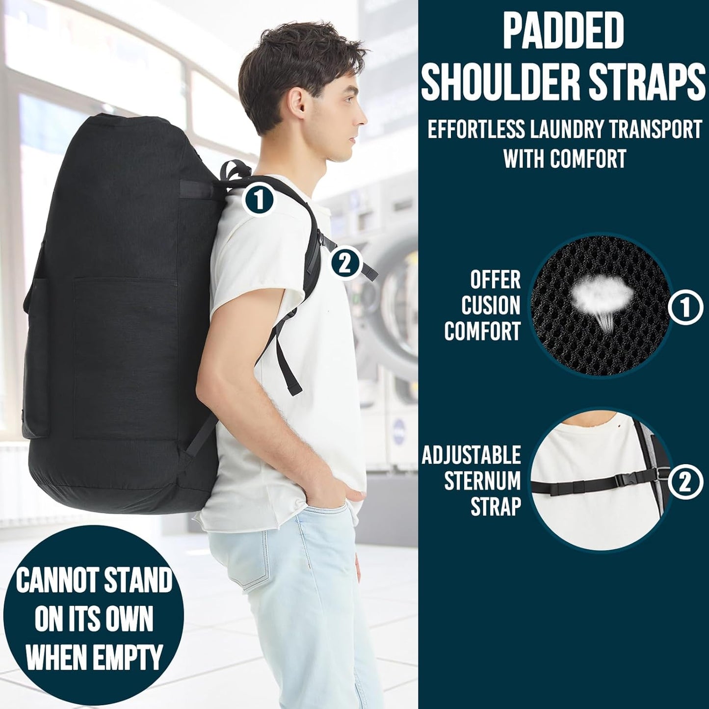 Laundry Backpack Bag, 115L Extra Large Laundry Bag with Straps, Heavy Duty Laundry Backpack with 4