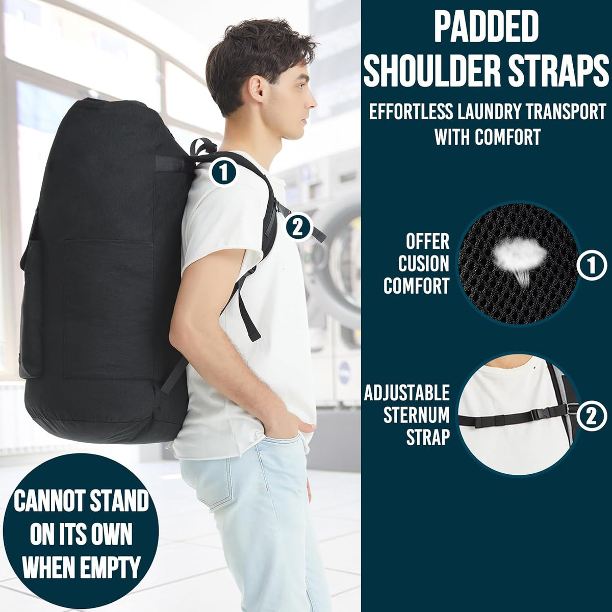 Laundry Backpack Bag, 115L Extra Large Laundry Bag with Straps, Heavy Duty Laundry Backpack with 4
