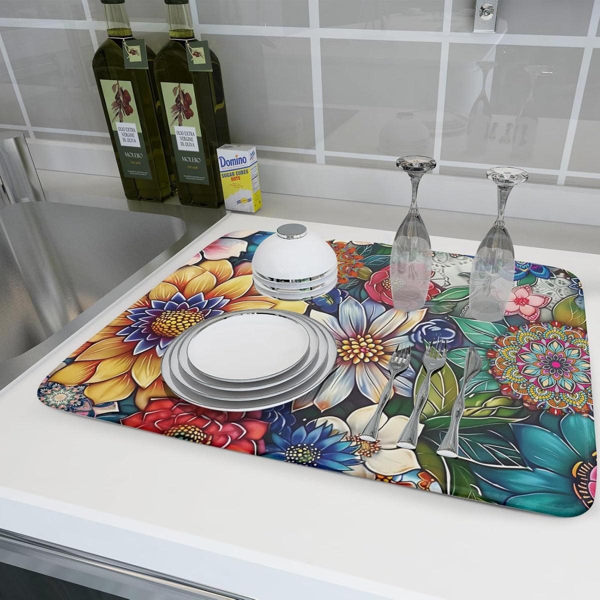 Boho Floral Dish Drying Mat for Kitchen Counter 18x24 Inch Super Absorbent Microfiber Kitchen