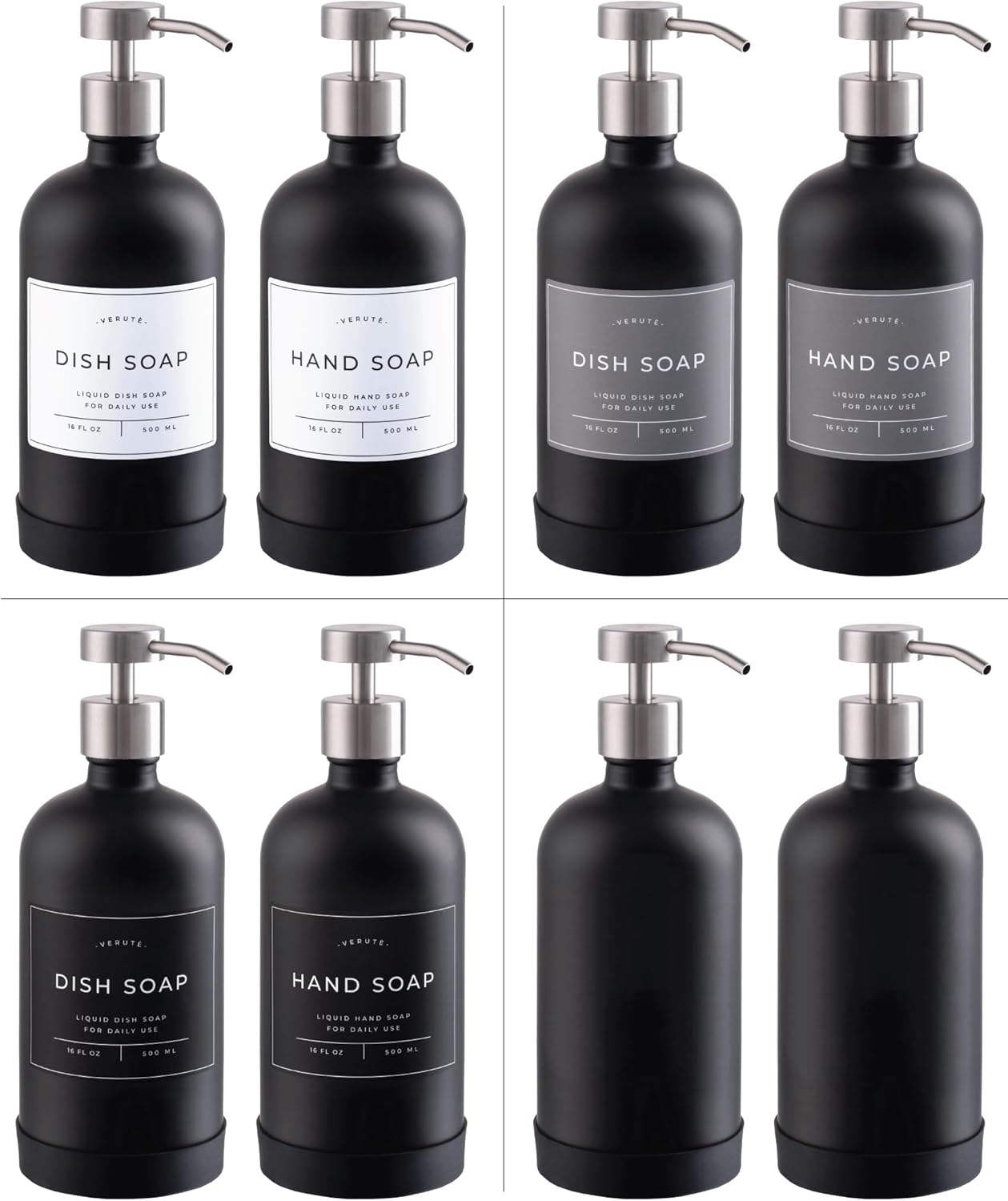 16oz Glass Soap Dispenser with Stainless Steel Pump, 21 Waterproof Labels, Non-Slip Protective
