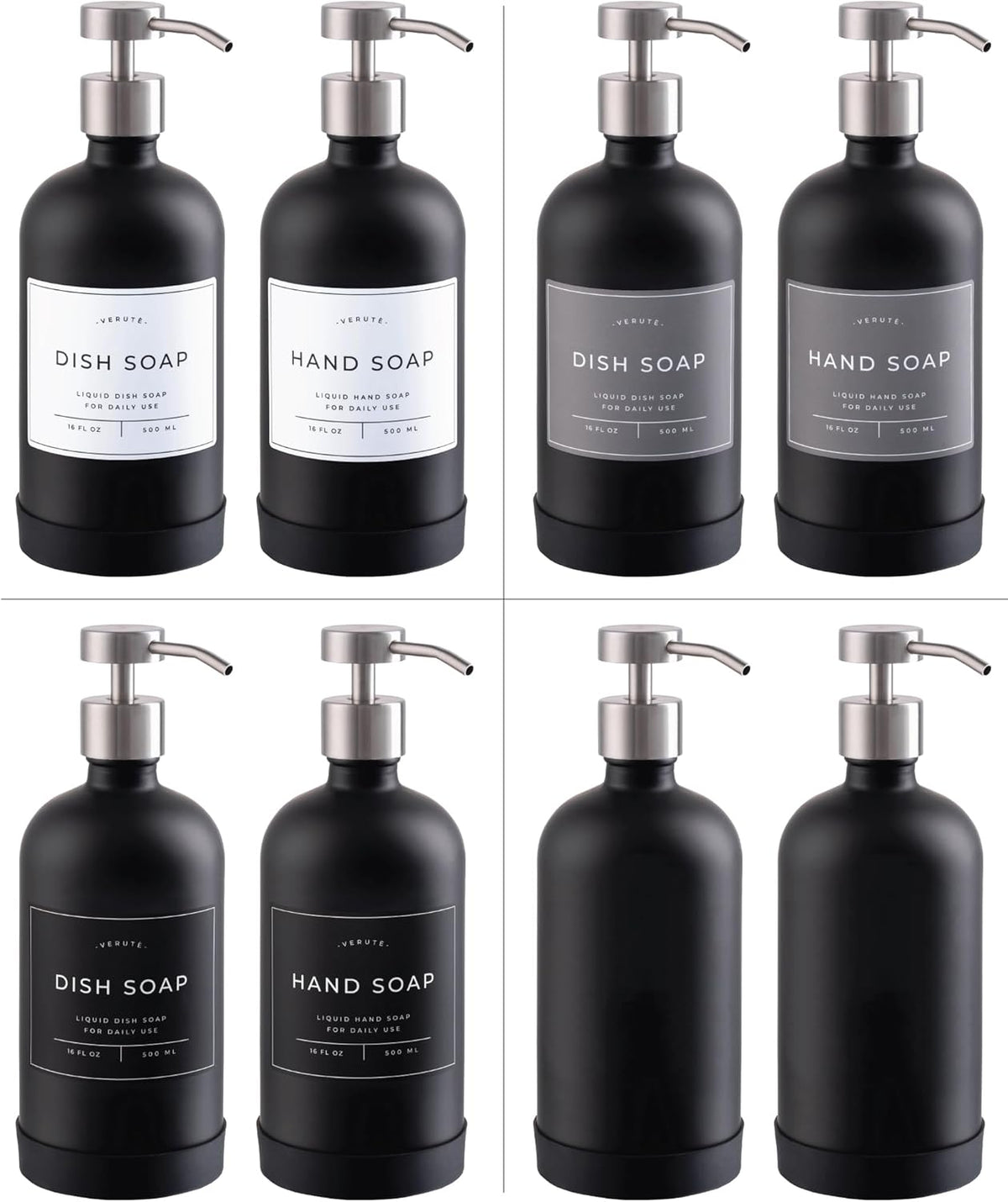 16oz Glass Soap Dispenser with Stainless Steel Pump, 21 Waterproof Labels, Non-Slip Protective