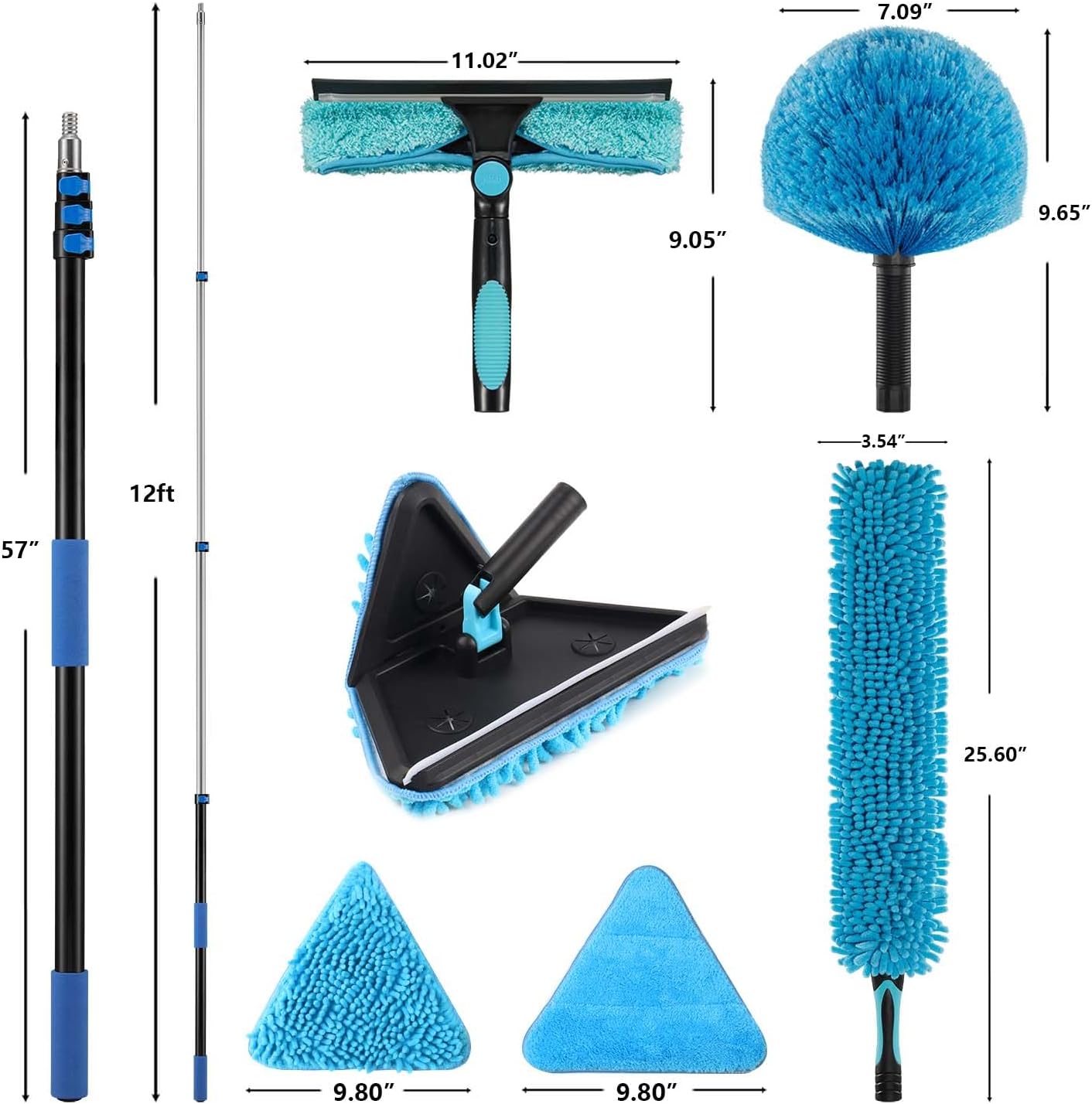 20 Feet High Ceilings Baseboard Wall Cleaner Mop with 12 Ft Extension Pole, Cobweb Duster, Window