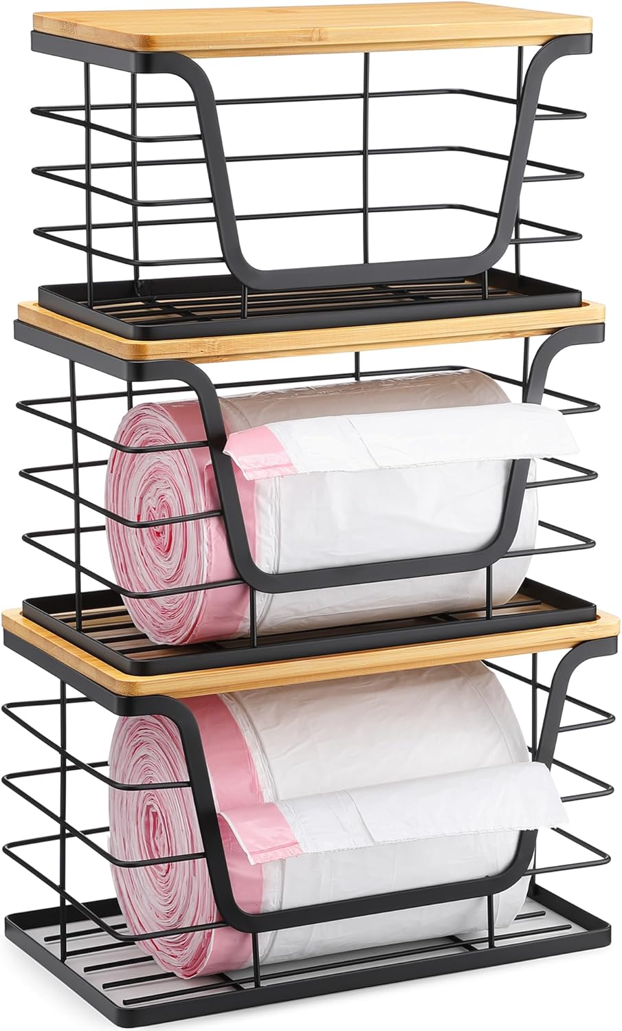 ALOCEO 3 Pack Stackable Storage Bins with Lids, Stainless Steel Trash Bag Dispenser Roll Holder for