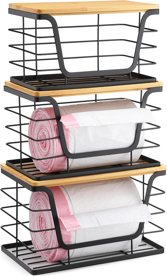 ALOCEO 3 Pack Stackable Storage Bins with Lids, Stainless Steel Trash Bag Dispenser Roll Holder for