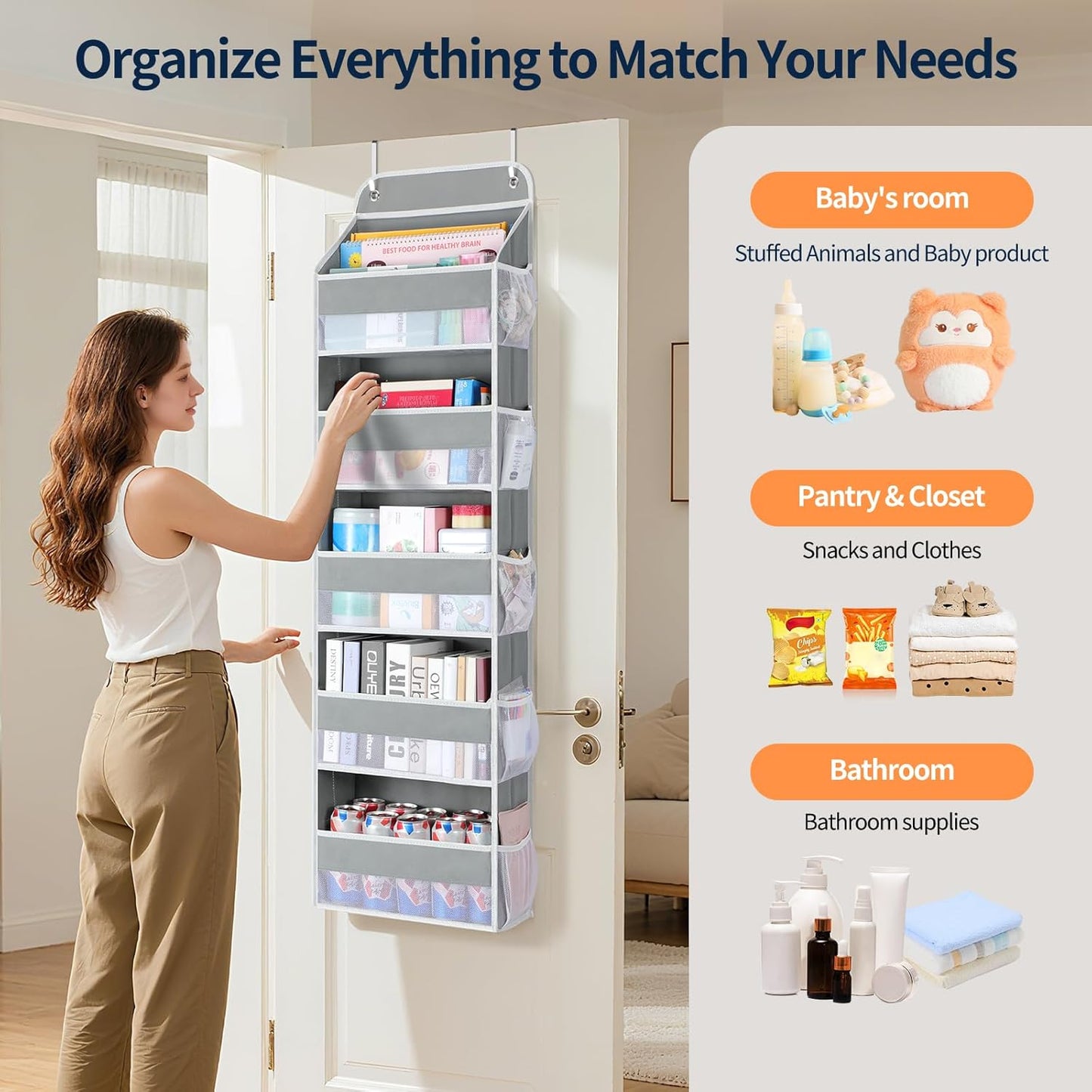 Yecaye Over The Door Organizer Storage, 5-Tier Heavy Duty Door Organizers Hanging with 10 Side Mesh