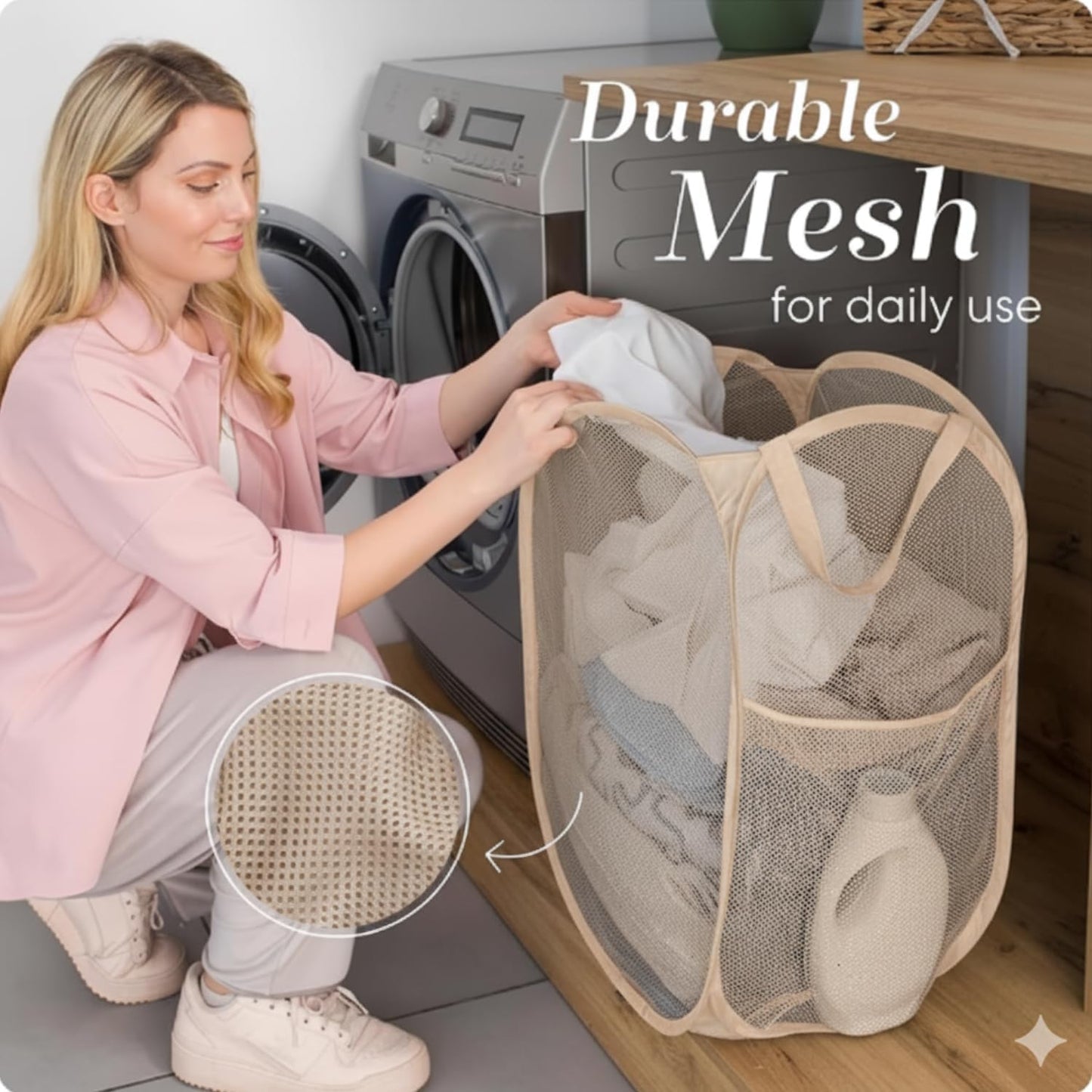 Handy Laundry Collapsible Mesh Pop Up Hamper with Wide Opening and Side Pocket - Breathable