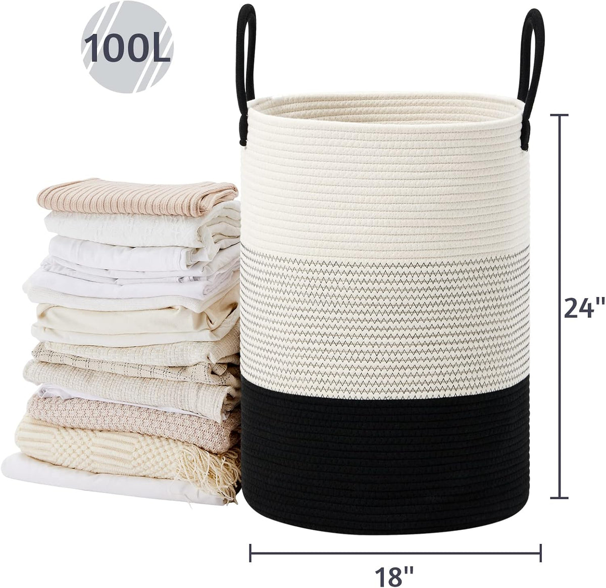 VIPOSCO Large Laundry Hamper, Tall Woven Rope Storage Basket for Blanket, Toys, Dirty Clothes in