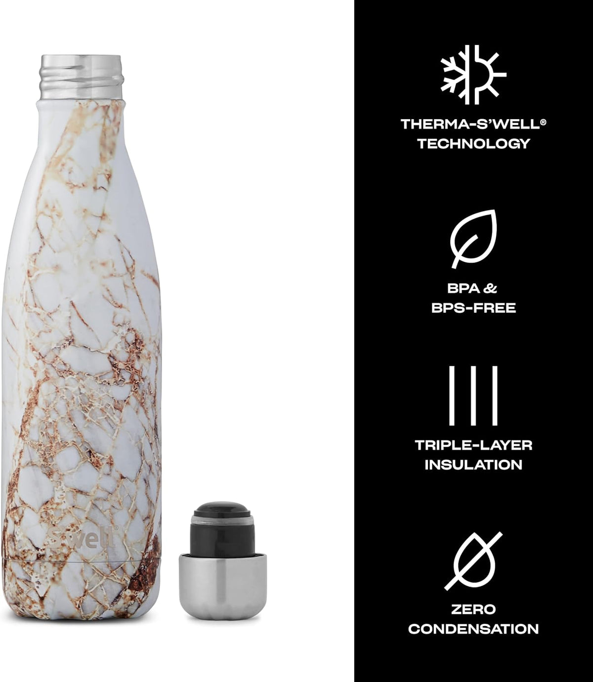 S'well Stainless Steel Water Bottle, 17oz, Calacatta Gold, Triple Layered Vacuum Insulated