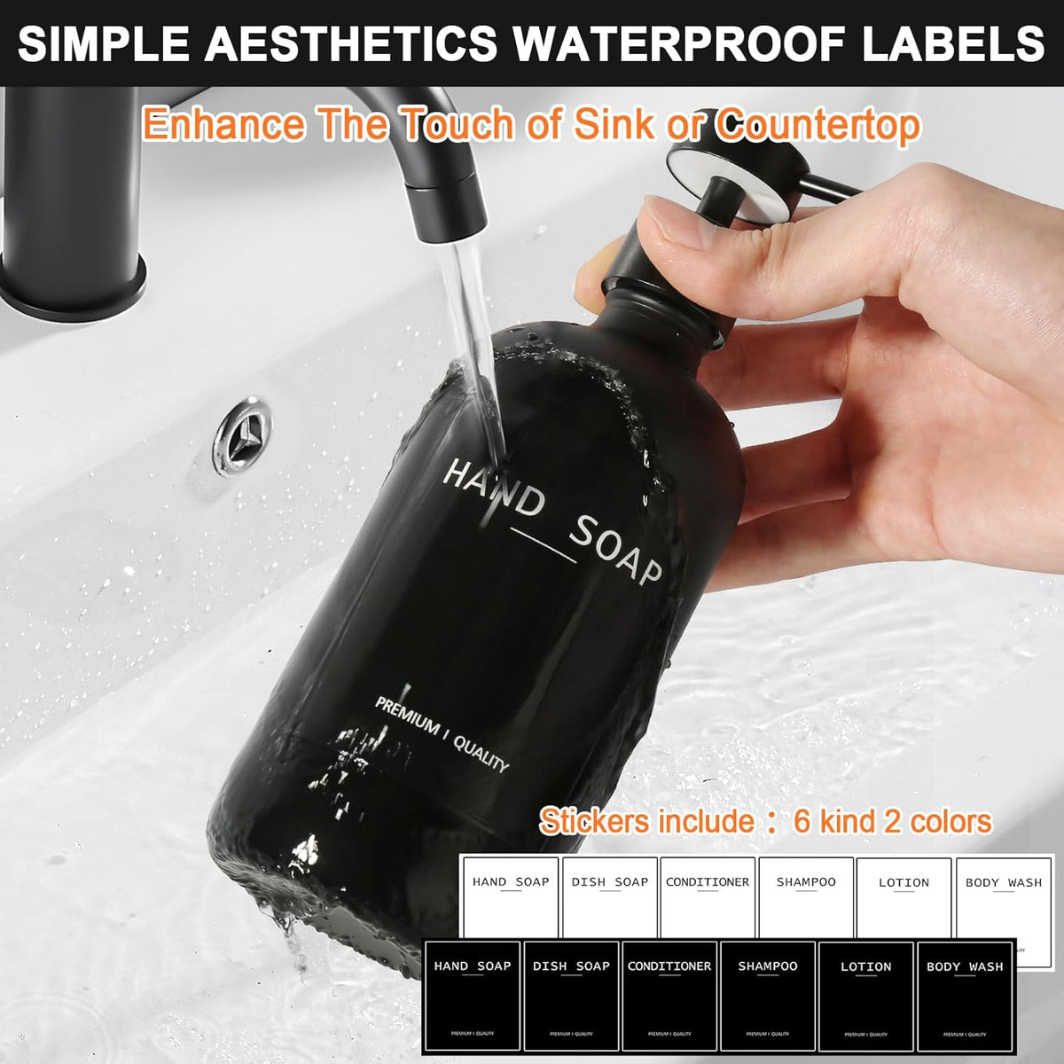 Black Glass Soap Dispenser with Stainless Steel Pump, 16.9 Fl oz Soap Dispenser Set for Kitchen