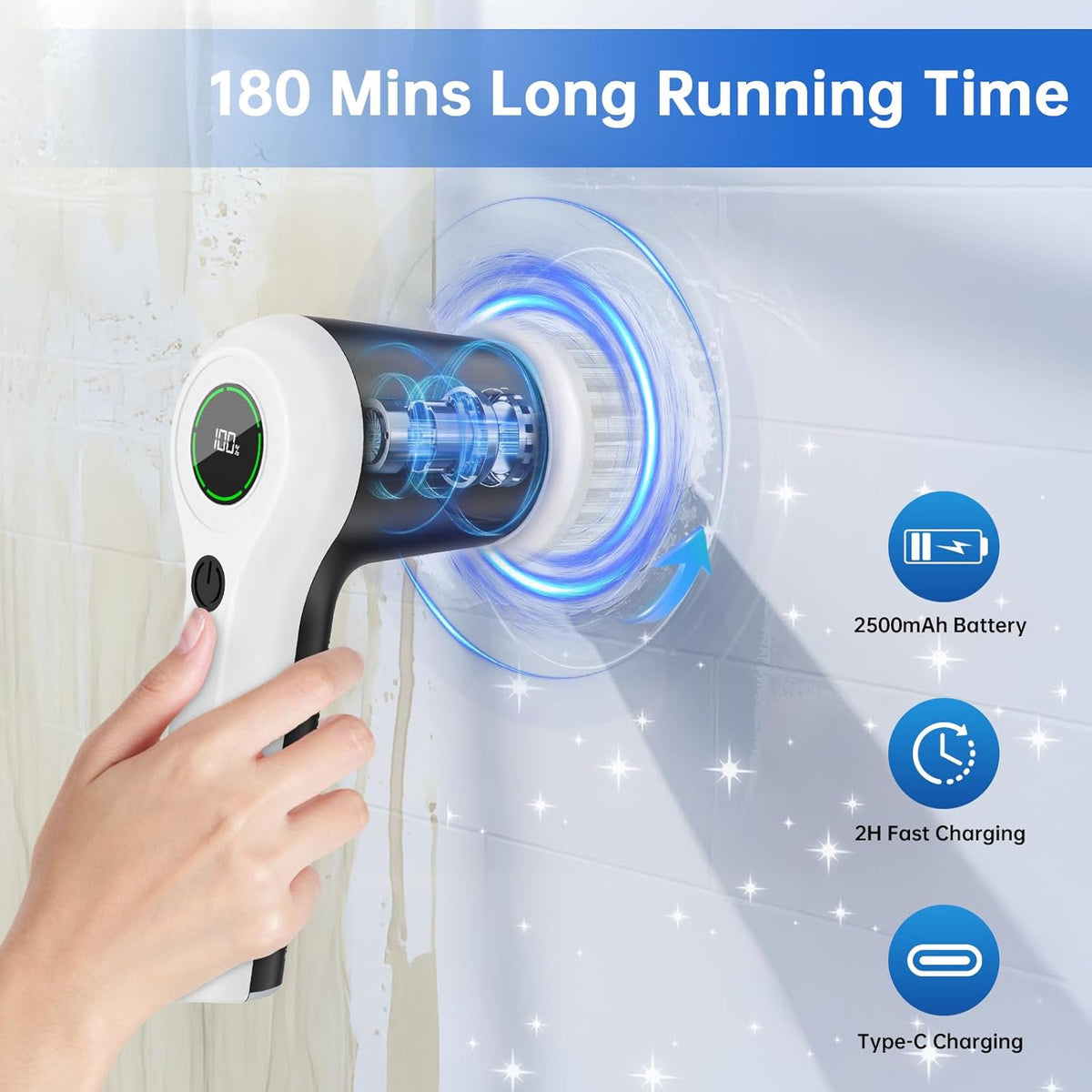Electric Spin Scrubber, Cordless Shower Scrubber with Battery Level Display, 2 Speeds Electric
