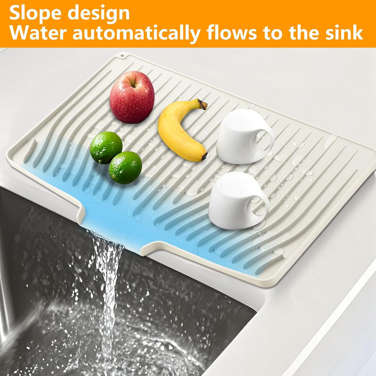Silicone Dish Drying Mat for Kitchen Counter, Dish Drainer Mat, Non-Slip Drying Pad with Built-in
