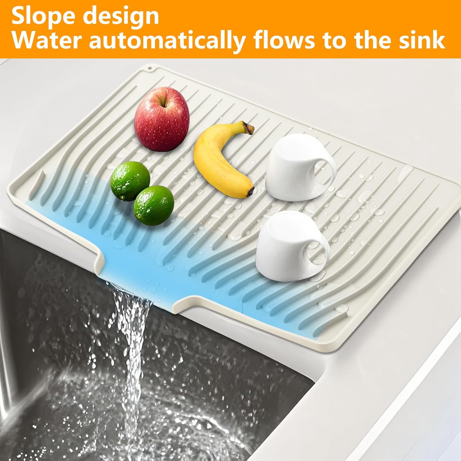 Silicone Dish Drying Mat for Kitchen Counter, Dish Drainer Mat, Non-Slip Drying Pad with Built-in