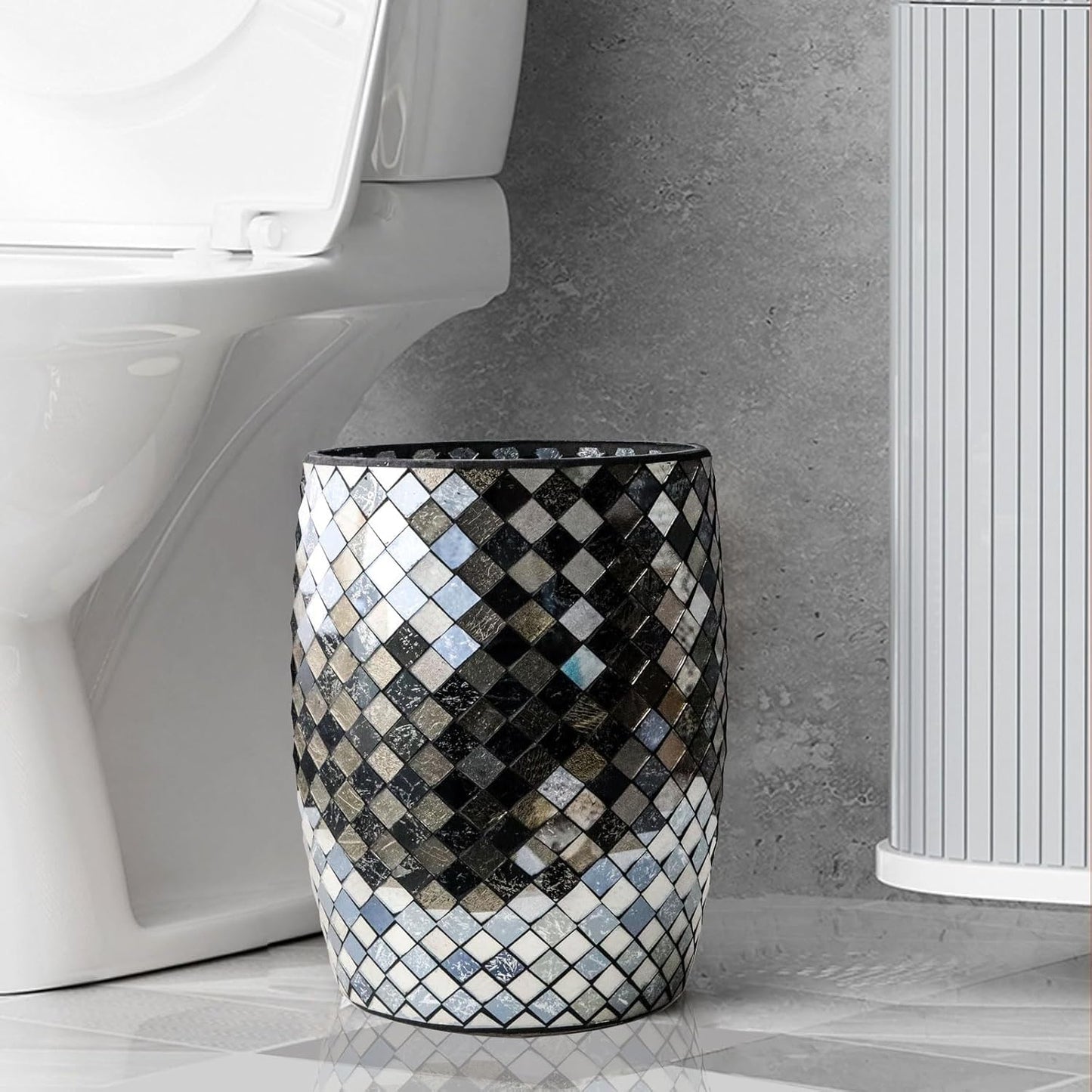 Escenzy Modern Bathroom Trash Can Mosaic Glass 5L | Decorative Small Garbage Can | 7" x 10" |