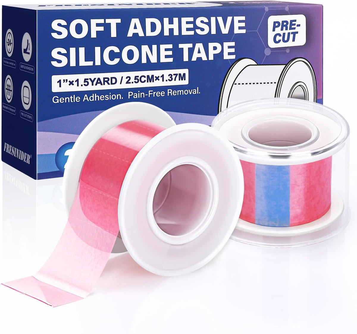 FRESINIDER Silicone Tape 1" x 1.5 Yard Pink 2 Rolls for Sensitive Skin, Pre-Cut Waterproof Medical
