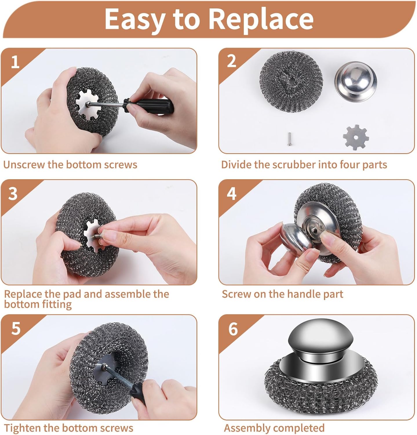4pcs Steel Wool Scrubber with Replacement Wire Sponge Pads Set, Stainless Steel Scrubber with