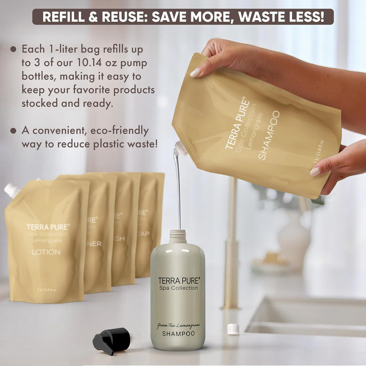 Terra Pure Spa Collection 1 Liter Shampoo Refill Bag For Soap Dispensers | Bulk Toiletries for