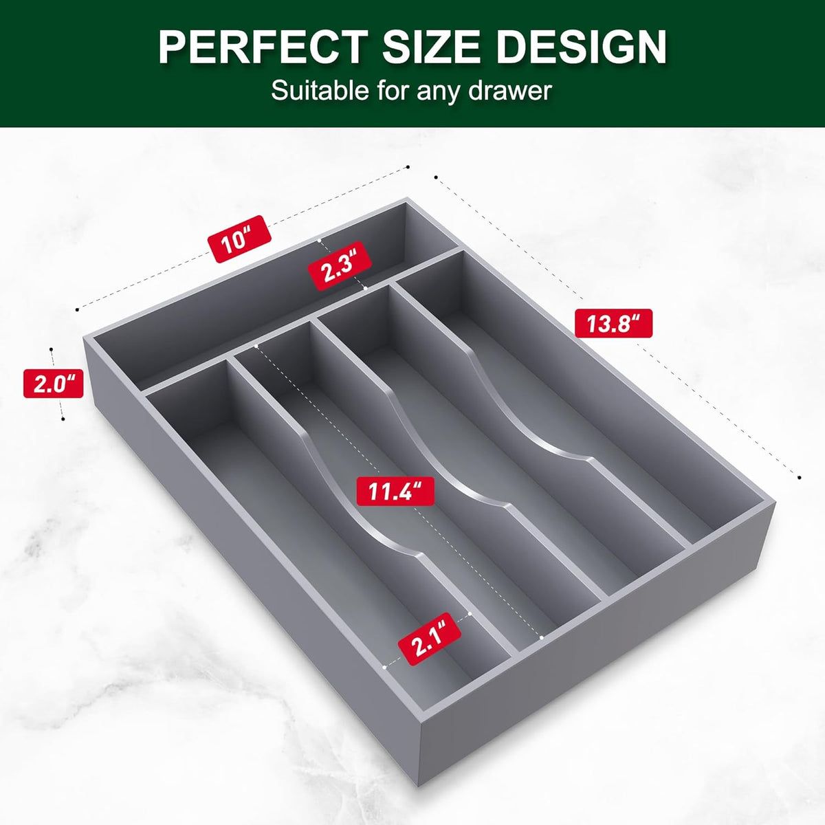Bellsal Grey Utensil Organizer 10 Inch Silverware Tray for Drawer Utensil Holder Cutlery Organizer