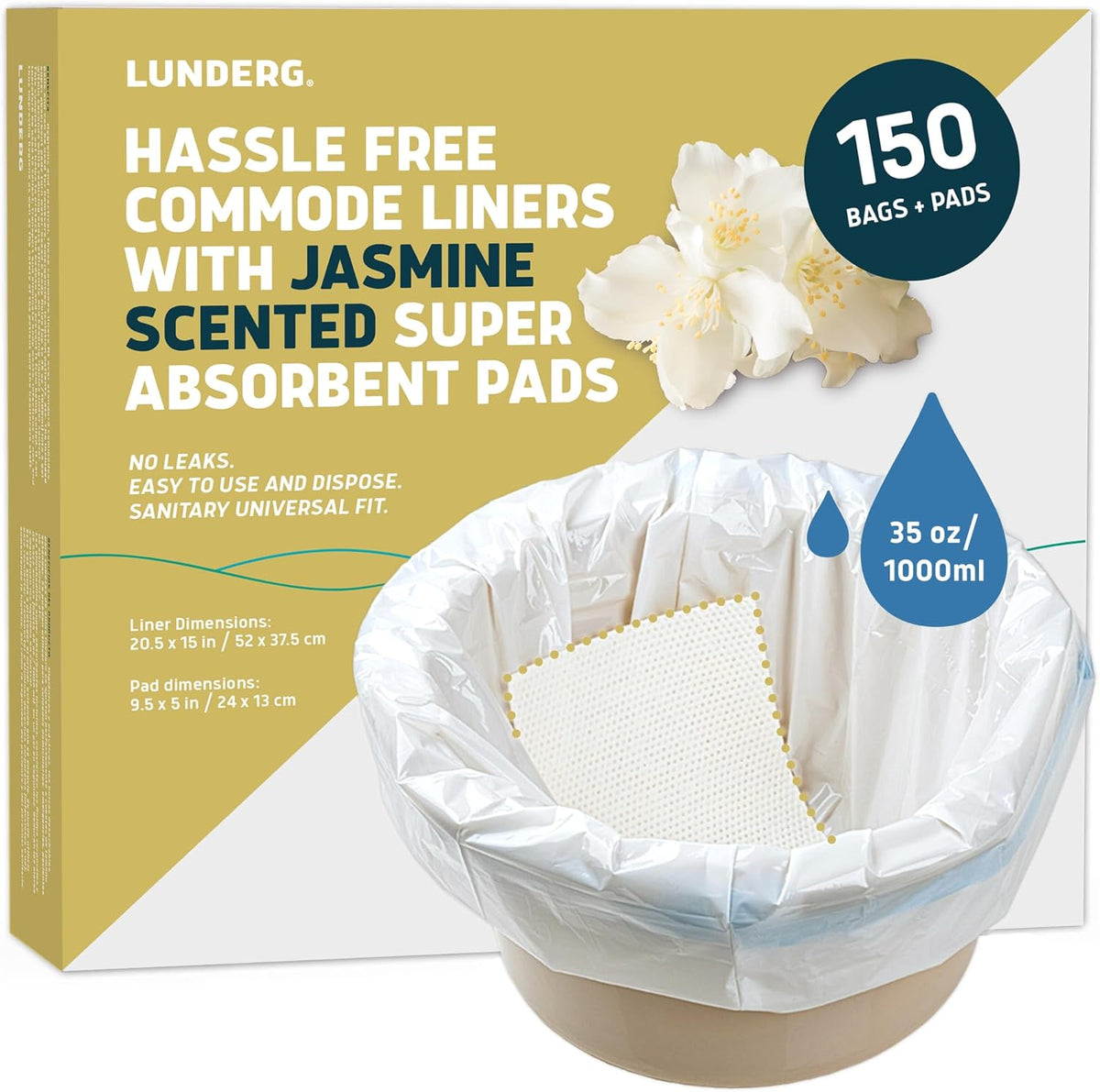 Lunderg Commode Liners with Absorbent Pads - Jasmine Scent Medical Grade 150 Count Universal Fit