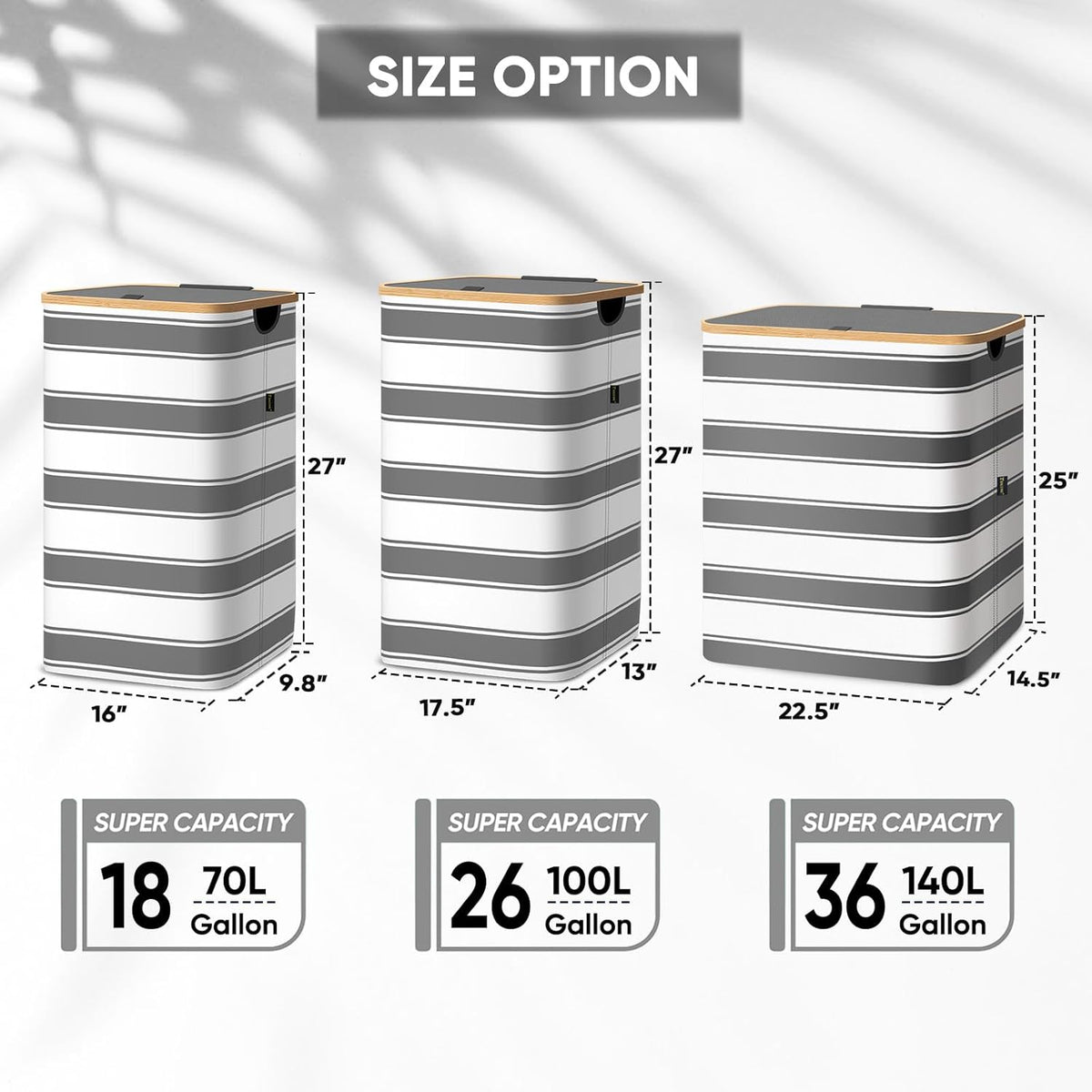 BALEINE Laundry Hamper with Lid, Tall Laundry Baskets with Bamboo Pull Handles, Large Laundry Bin