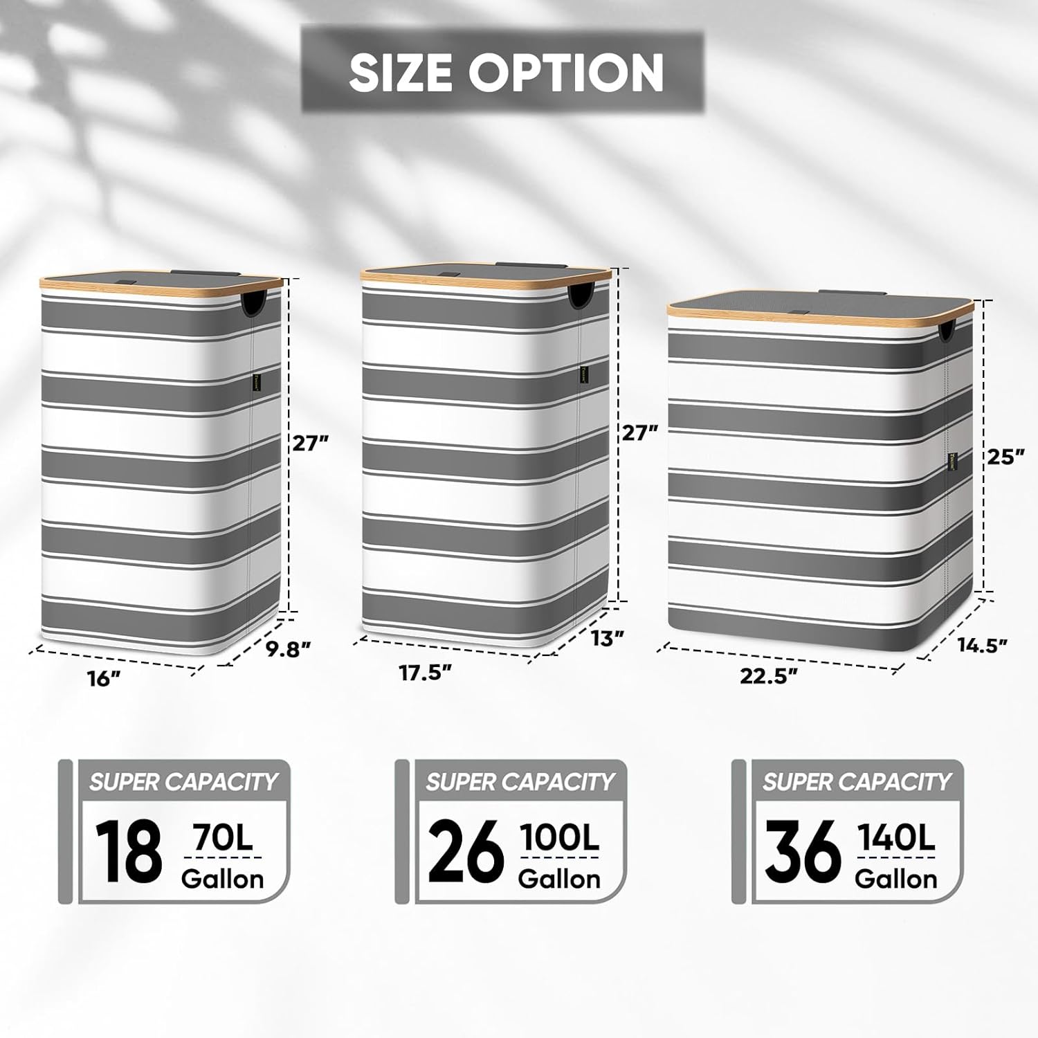 BALEINE Laundry Hamper with Lid, Tall Laundry Baskets with Bamboo Pull Handles, Large Laundry Bin