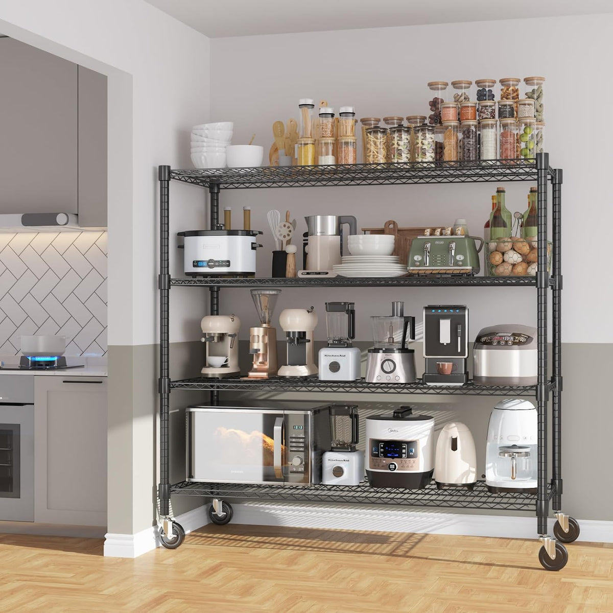 Himimi 72" H Storage Shelves 4 Tier Metal Shelving Adjustable Wire Shelf with Wheels, Heavy Duty