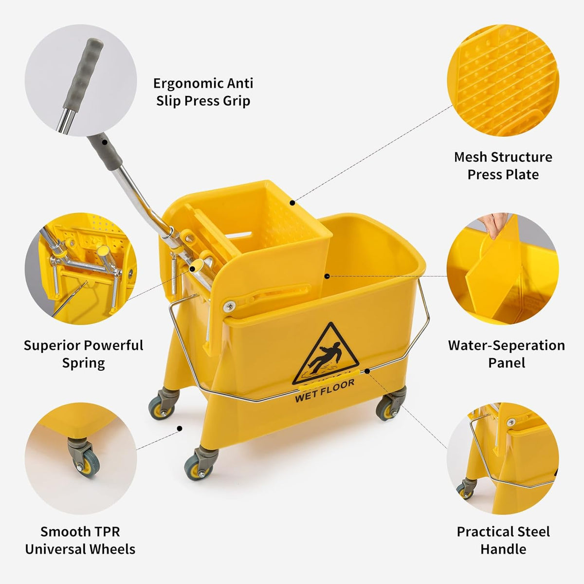 22 Qt (5.5 Gallon) Mop Bucket with Wringer for Floor Cleaning, Handle, Wheels, 16.5" L x 10.6" W x