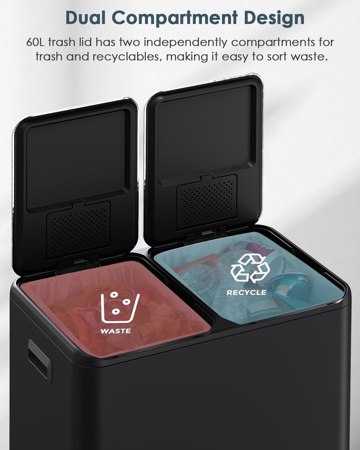 Arlopu 16Gal Dual Trash Can w/2 Built-in Box for Odor Control, Hands-Free Kitchen Garbage Bin